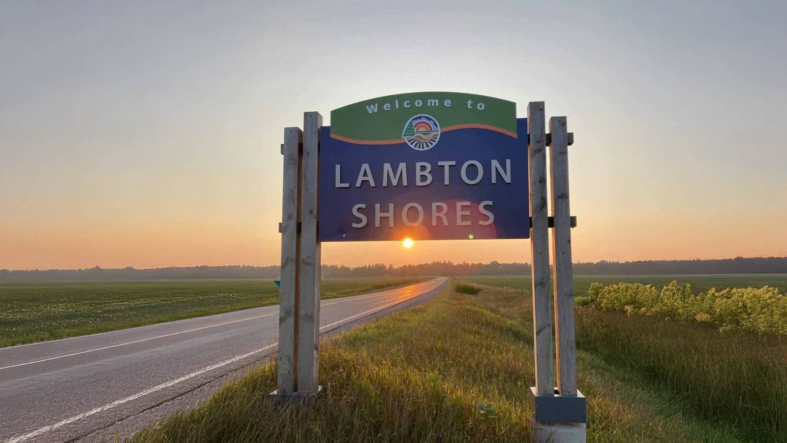 Lambton Shores welcome sign at sunset