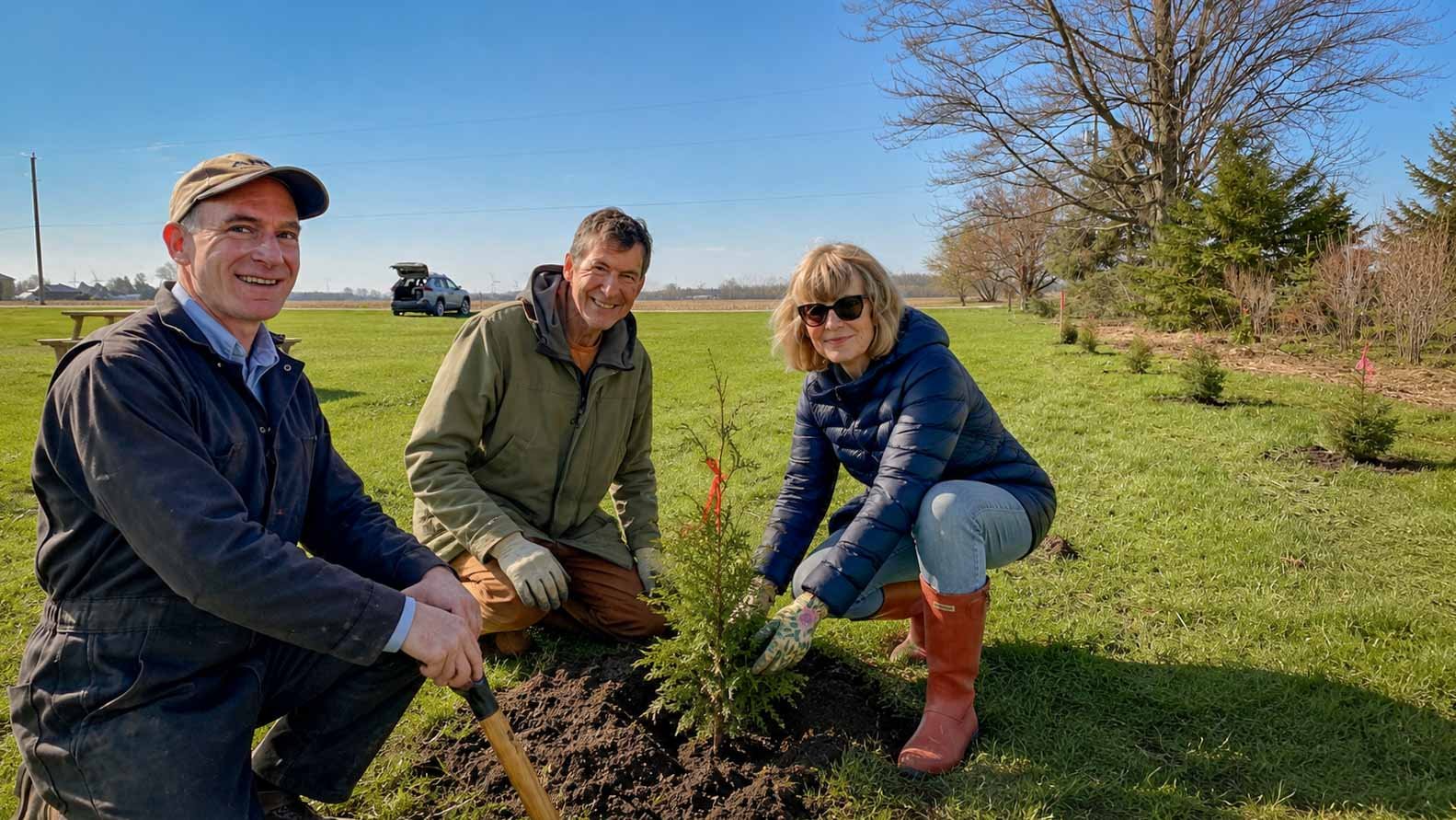 Three volunteers kneeling to plant a young cedar at Klondyke Park