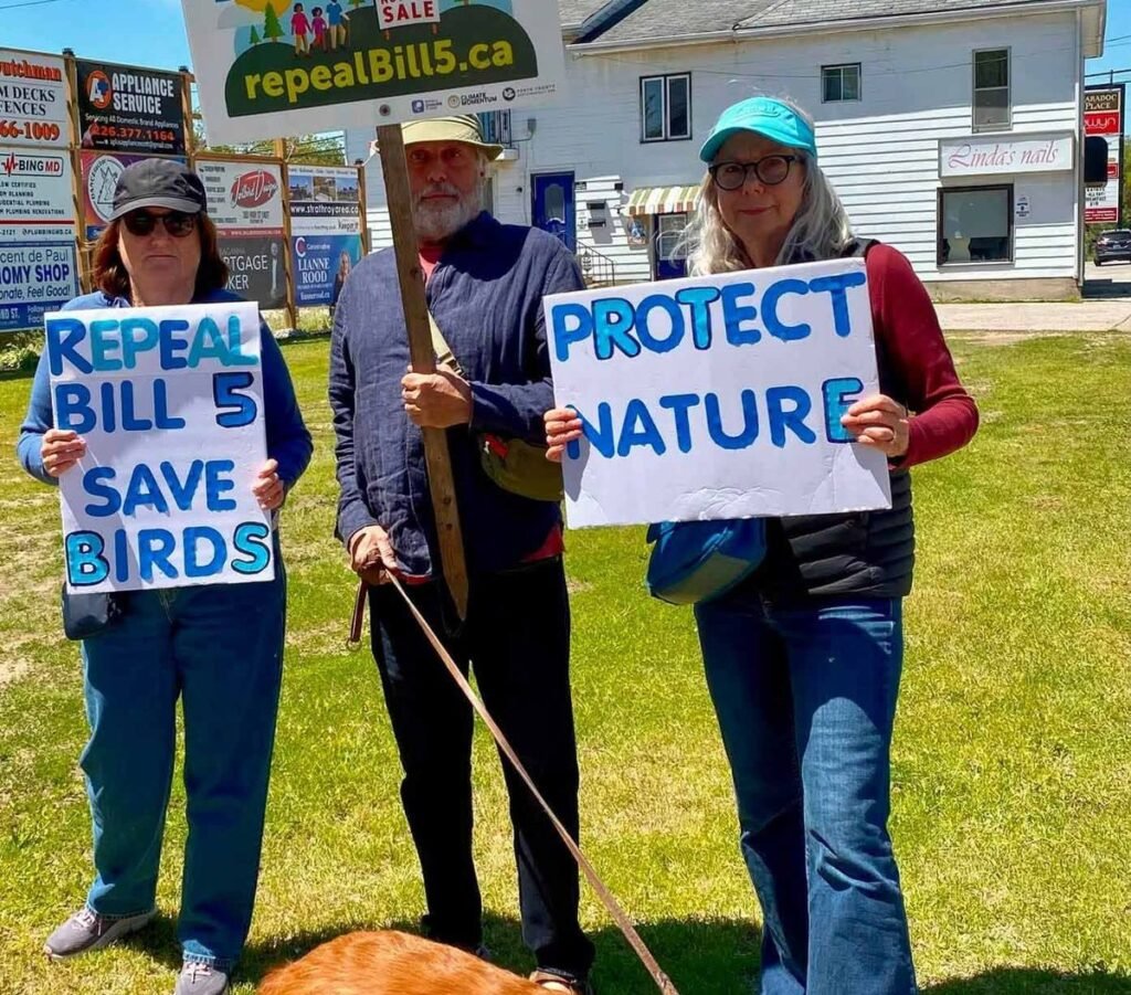 Three LEN members and a dog on a roadside verge holding signs reading Protect Nature, Repeal Bill 5 Save Birds and Defend Democracy